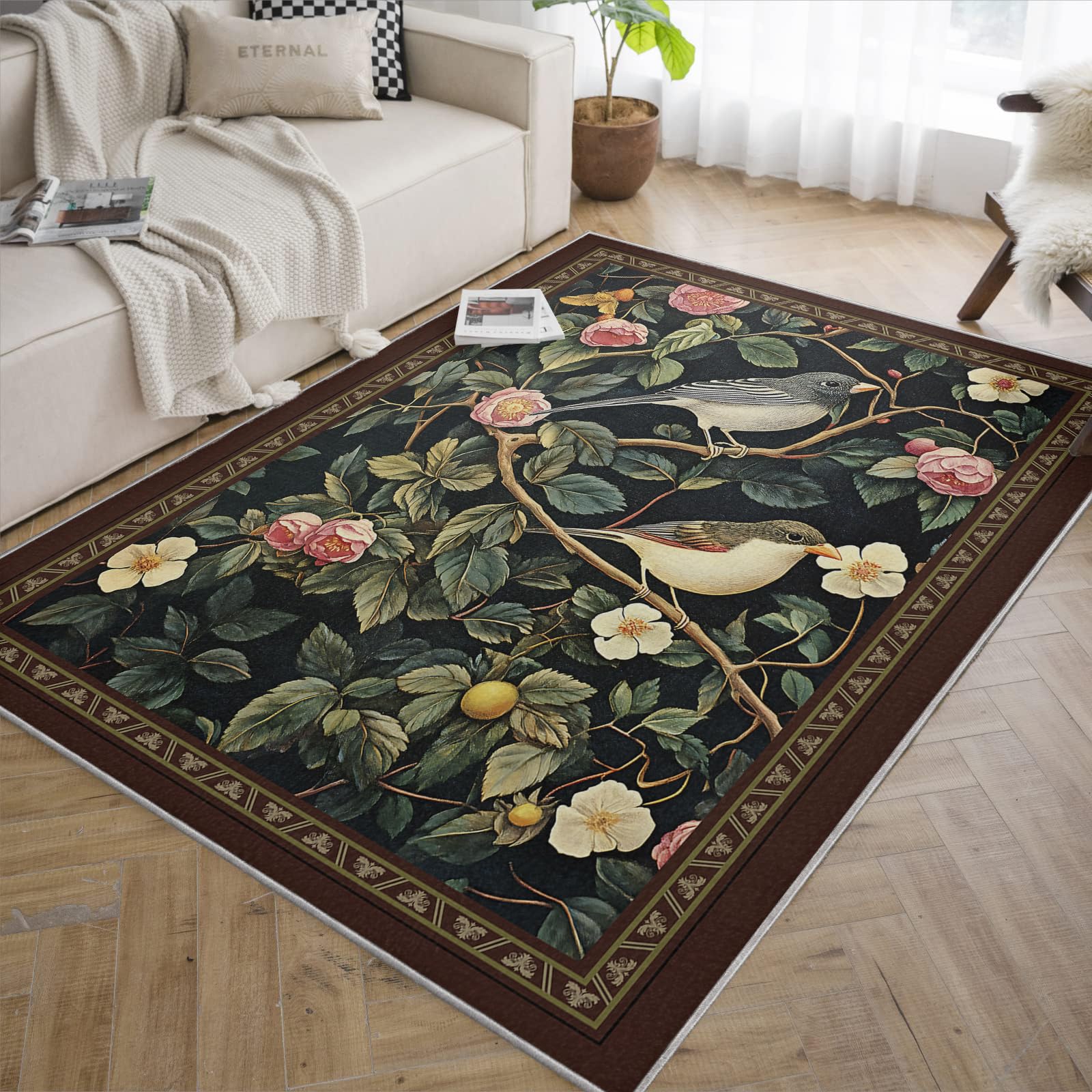 Tapis lavable à la machine à poil bas doux oiseaux marron 160x230