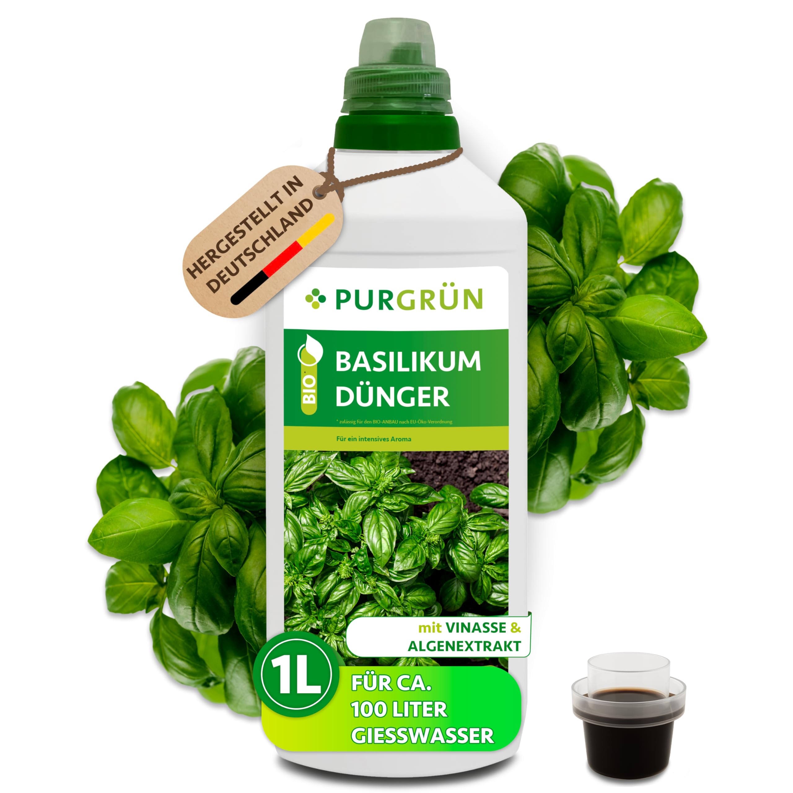 Bio-Basilikum-Dünger 1 Liter – Organische Rezeptur – Premium-Flüssigdünger – NPK 4+1+7 – Mit Algenextrakt & Vinasse – Extra Kalium für buschiges Wachstum – Ohne tierische Inhaltsstoffe