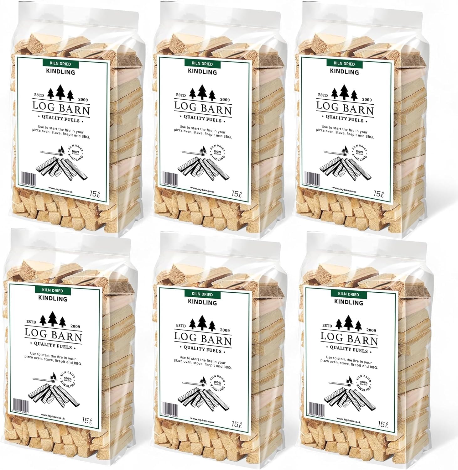 Log Barn Kiln-Dried Kindling Wood for Wood Burner – approx. 13kg (6 x 15l Bags) | Bumper Pack Kindling Sticks for Log Burners, Fire Pits, Pizza Ovens & Open Fires - Ideal for Home & Commercial Use.