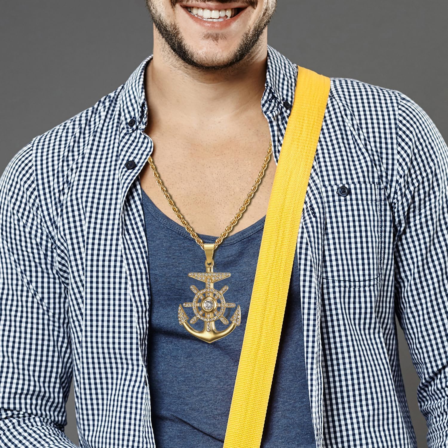 NEGS 18K Gold Plated Vintage Nautical Anchor Pendant Stainless Steel Rock Necklace for Men, 24 Inch Chain Hip Hop Vintage Navy Jewelry - Image 5