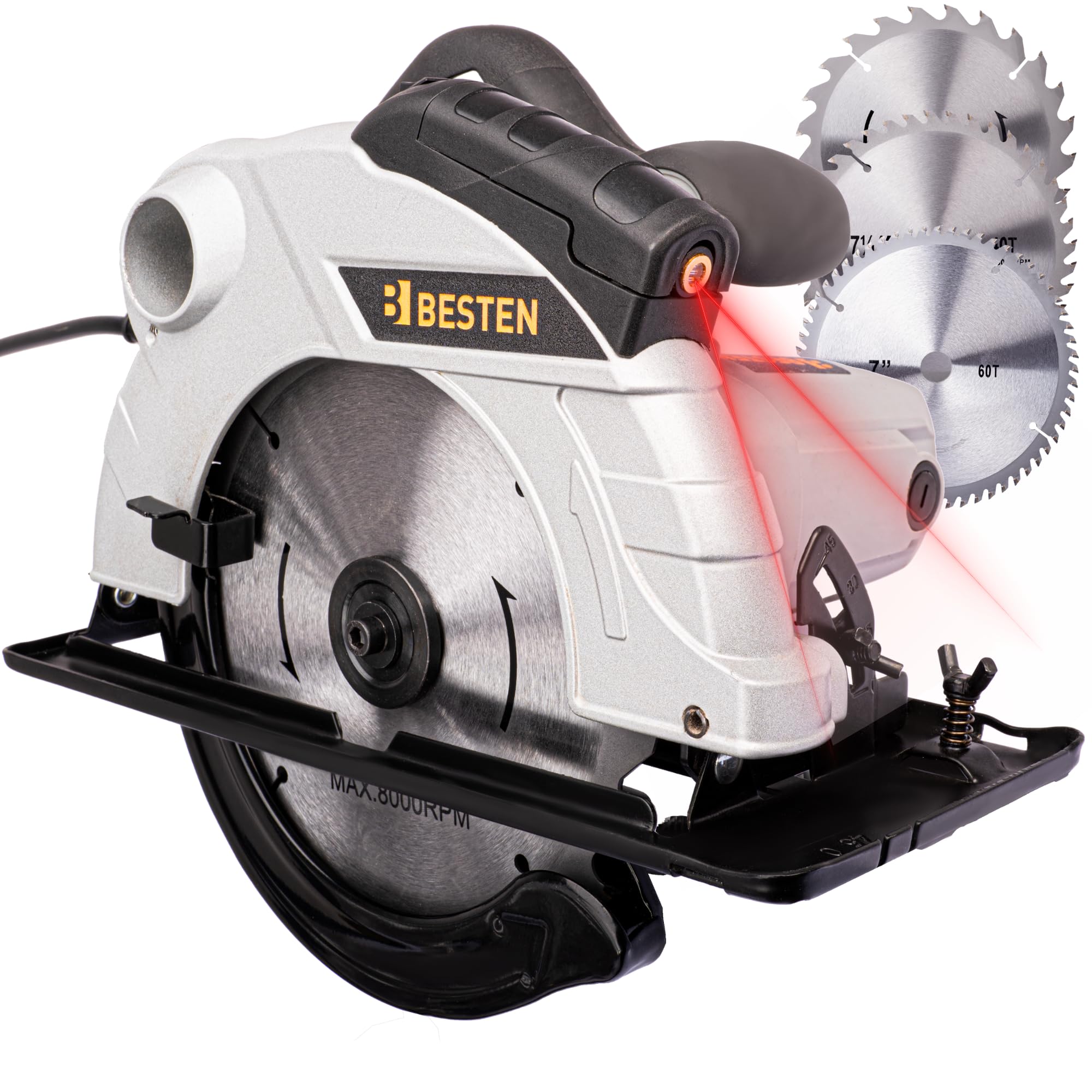 Piła tarczowa ręczna 2000W 185 mm do drewna, laser, 3 tarcze 24T 40T 60T, cięcie 65 mm, regulacja 0–45°, odsysanie pyłu BESTEN