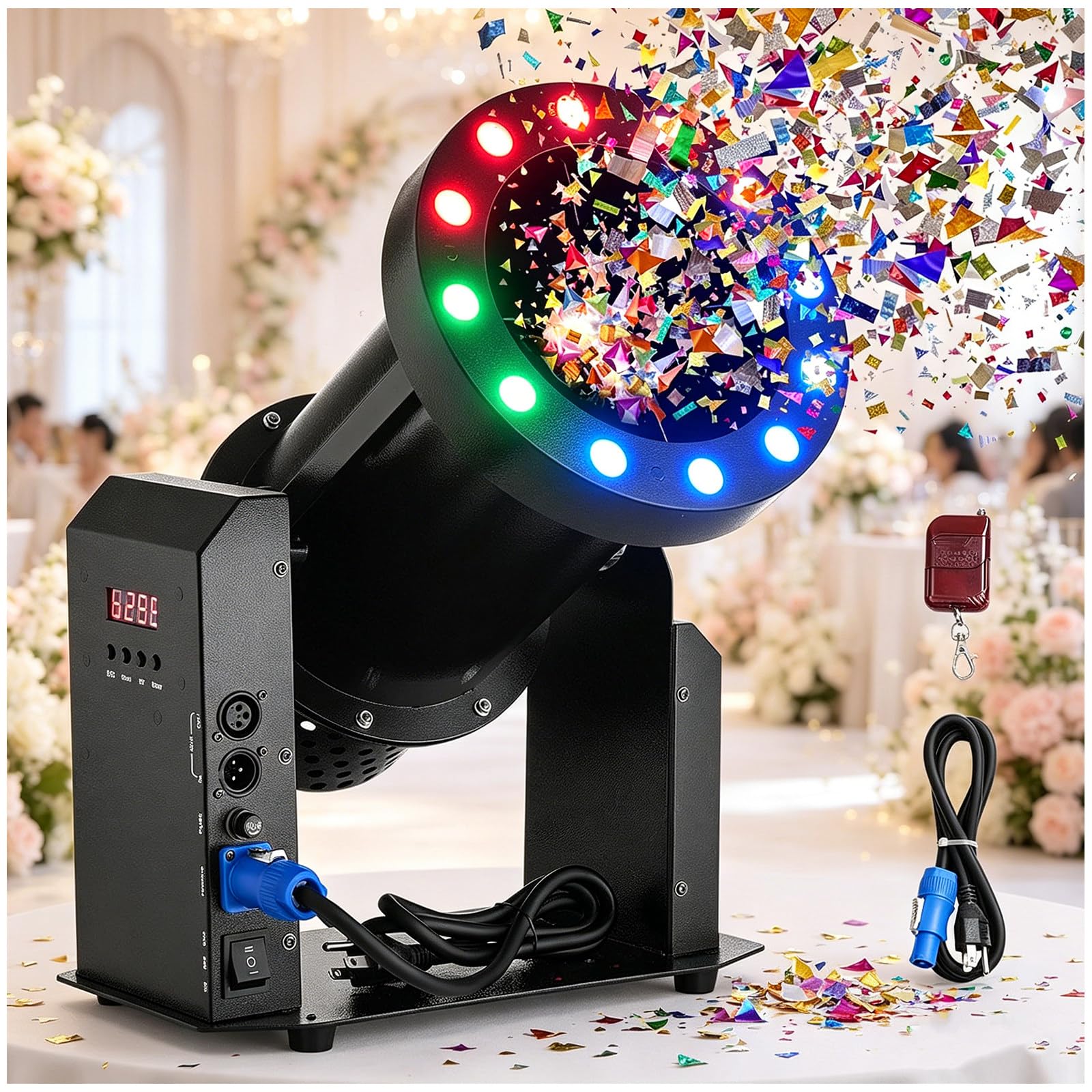 ZEEKYFOR Electric Confetti Cannon Launcher Machine with Remote Control & 12 LED Lights, Professional Confetti Machine for Wedding Stage and Concert