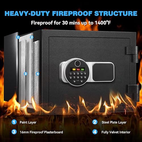 Miniatura 2 de Caja fuerte ignífuga de 2.0 pies cúbicos para el hogar, caja de seguridad con bloqueo biométrico de huellas dactilares, teclado digital, estante y