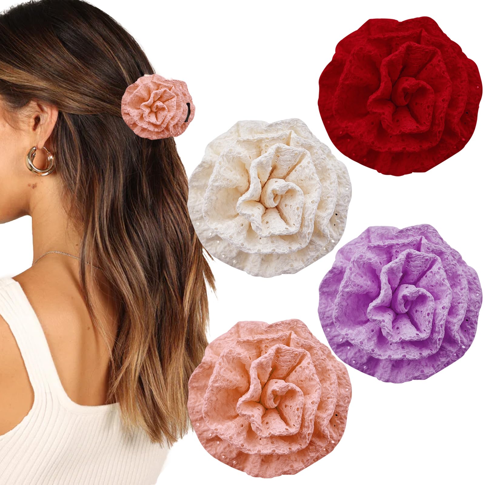 4 PACK Rose Flower Claws Clips for Women, Floral Hair Clips, Hawaiian Chiffon Flower Claw Clips Non Slip Strong Hold for Thick Hair Hair Accessories for Beach Holiday Women Girls Bridal Wedding