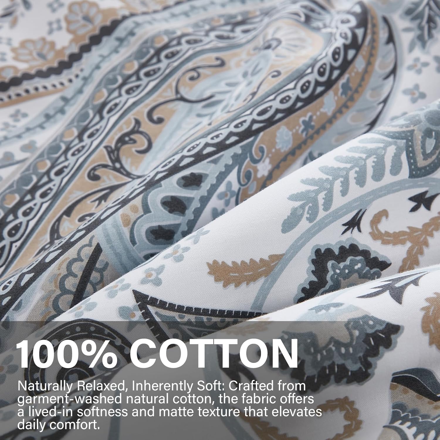 Grey Blue Paisley Comforter Set Queen Size 3 Pieces 100% Cotton Boho Paisley Pattern Bedding Set All Season Soft Cotton Lightweight Reversible Comforter - Image 4