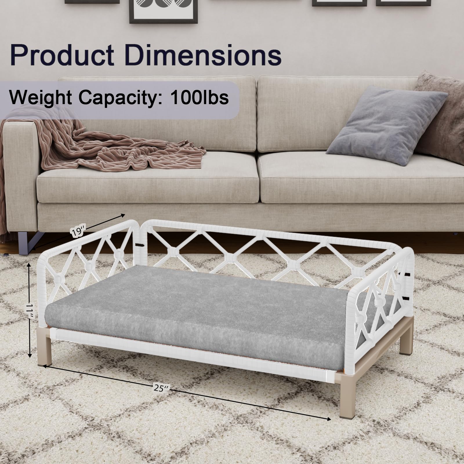 Dog Bed, Outdoor Waterproof Elevated Dog Couch with Washable Removable Cushion, Boho White Rattan Wicker Orthopedic Indoor Raised Pet Sofa for Large Dogs (40" x 25", Gray) - image 2