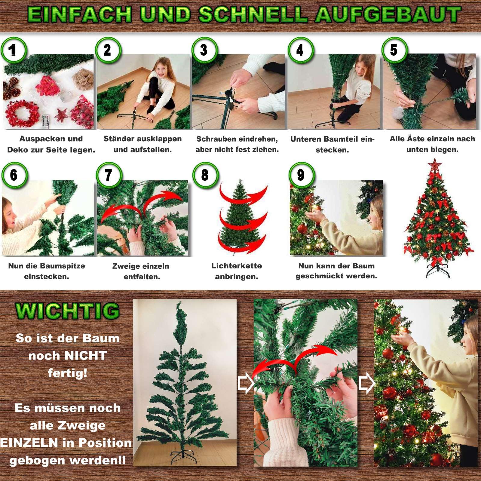 Weihnachtsbaum künstlich (WBD) 150 cm grün mit Weihnachtsdeko rot und Led Lichterkette mit Batteriebox und Fernbedienung künstlicher Christbaum klein Tannenbaum