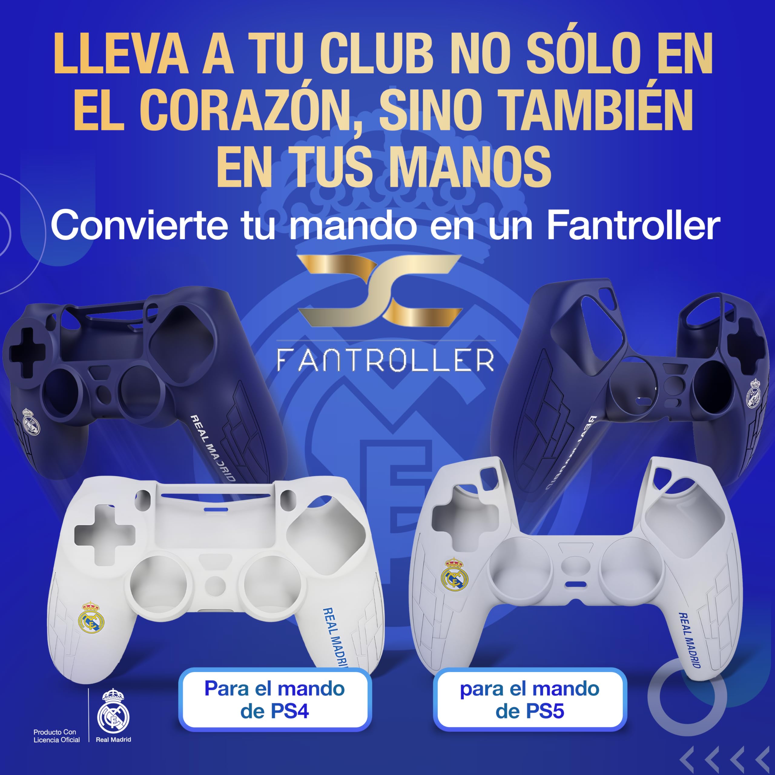 Funda para controlador PS4 con diseño oficial del Real Madrid para máxima protección y agarre | Funda para controlador PS4 disponible en azul y blanco