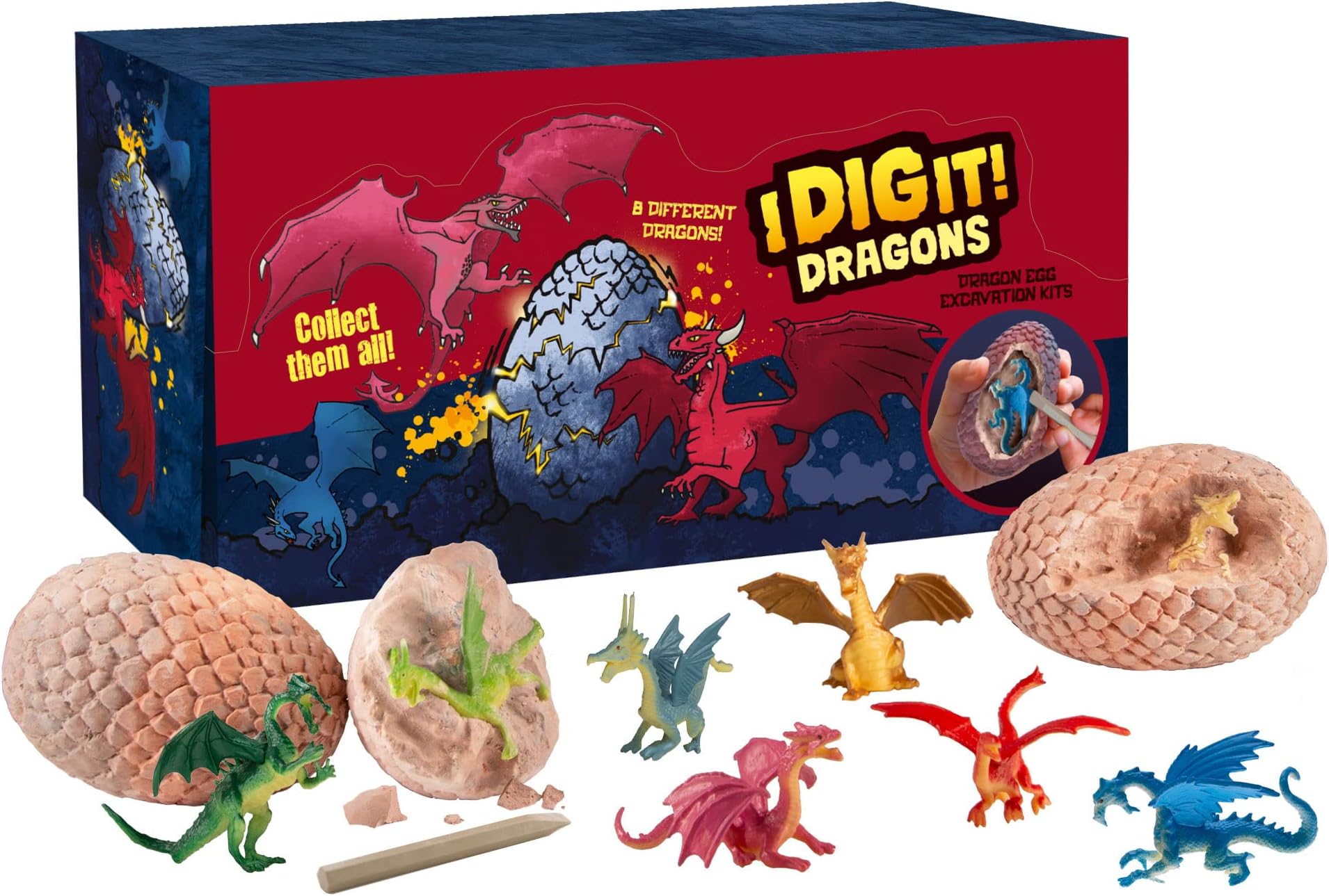 I Dig It! Dragon Egg Excavation Gift Set | 24 Excavation Kits w/Plastic Dragon Figurines Inside! | Party Favors, Stocking Stuffers, Easter Baskets | 8 Unique Dragons to Collect