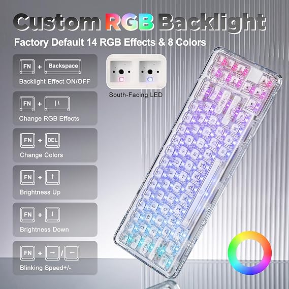YUNZII X71 68% Wireless RGB Mechanical Keyboard(White,Crystal Ice Switch)