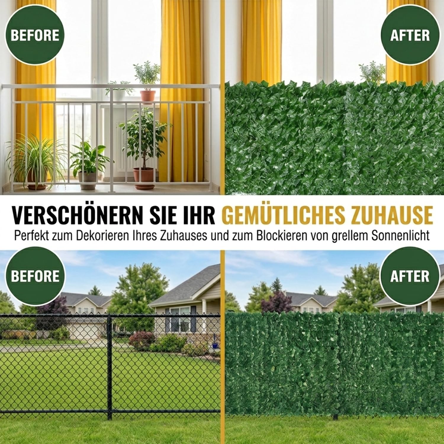 Künstliche Efeu Garten Sichtschutz,Balkon Sichtschutz,Künstliche Efeu Blatt Dekoration für Gartenhecken Balkon Außendekoration 100 x 300 cm