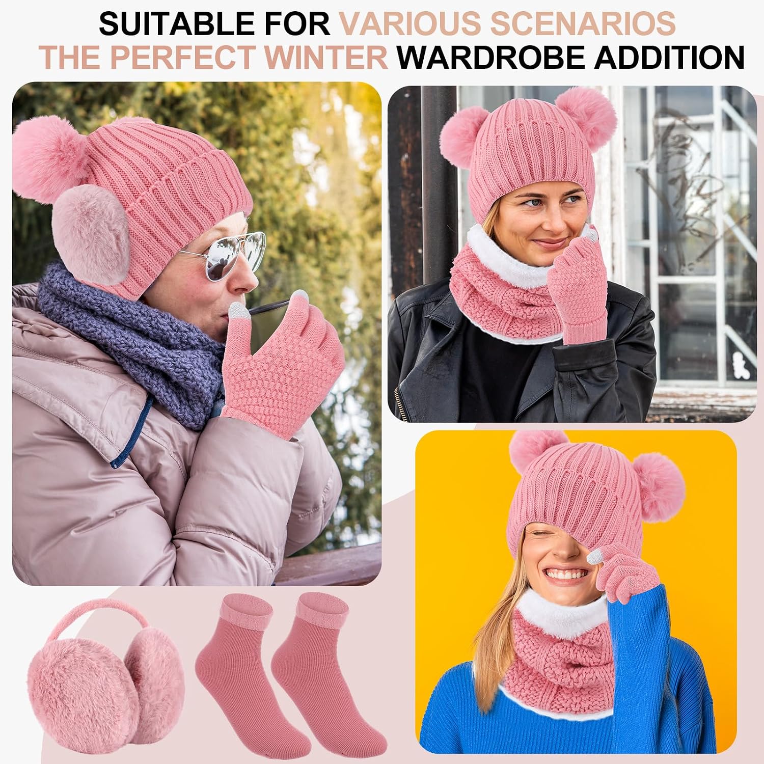 SATINIOR 5 Pcs Winter Hat Scarf Gloves Set Fleece Warm Lined Knit Beanie Hat Touch Screen Earmuff Gloves Warmer for Women image 5