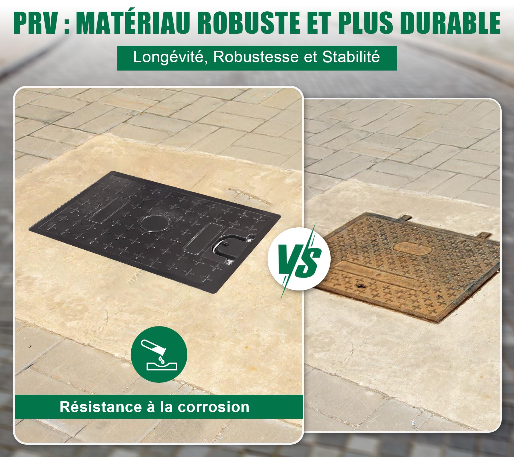 600x400 mm Couvercle de regard en fibre de verre PRV sans cadre, A15 plaque d'égout en FRP rectangulaire avec poignée, Pour l'allée, le jardin, le cour, le trottoir
