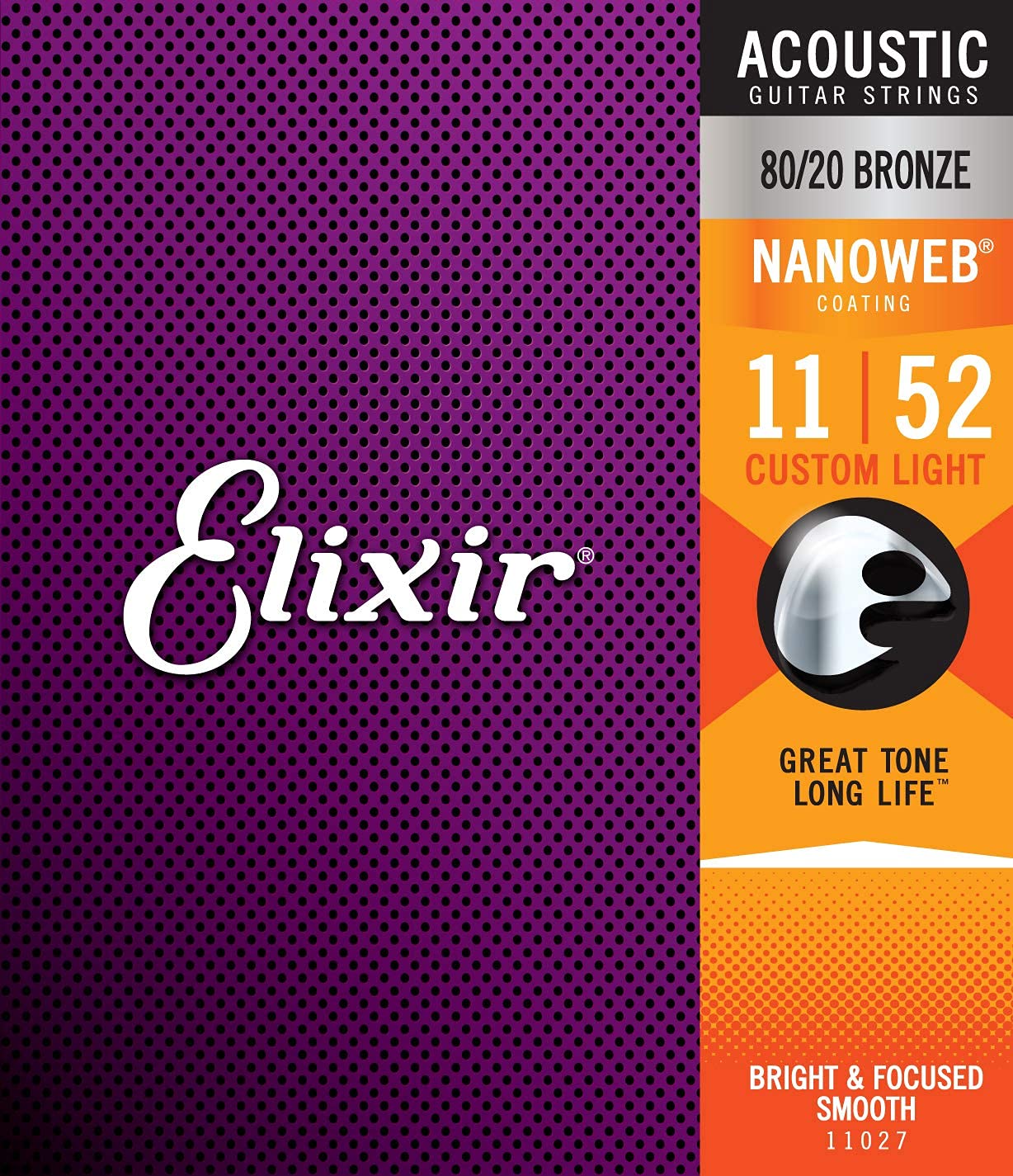 ELIXLRElixir 11027 Strings 80/20 Bronze Acoustic Guitar Strings w NANOWEB Coating, Custom Light (.011-.052)