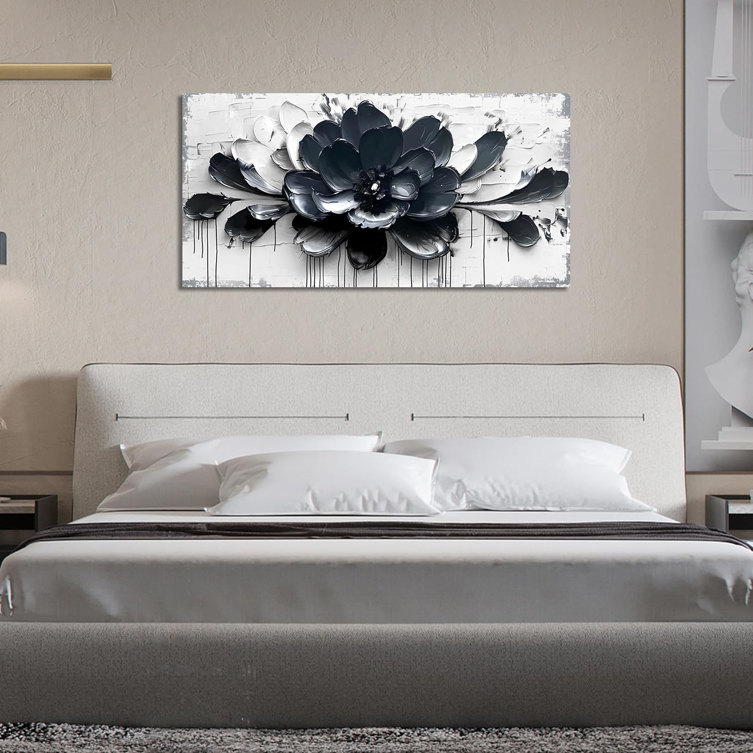 GUGIKA Flower Wall Art for Bedroom, Blue Black and White Canvas Wall Decor for Lving Room, Floral Picture Print Artwork for Office, Size 40 x 20 Inches