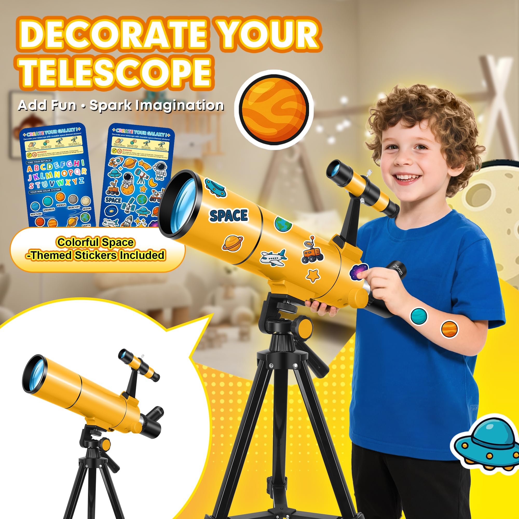 Télescope Astronomique Professionnel pour Adultes & Enfants Débutants, 80/500mm Télescope Réfracteur Portable avec Trépied Réglable, Adaptateur Téléphone, Sac à Dos & Autocollants Spatiaux