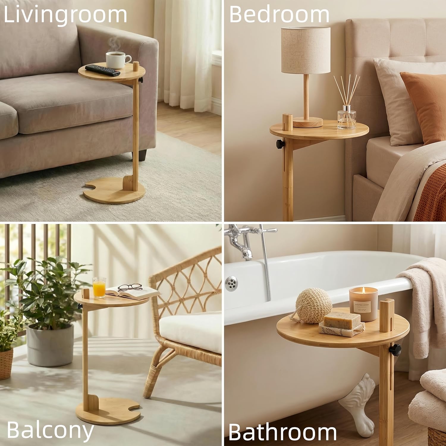 Bamboo Side Table for Sofa - Adjustable Height C Shaped End Tables for Small Spaces, Couch, Bedside, Living Room, 12.6x12.6x26 Inch TV Tray Round Stand for Drink, Snack, Coffee (Natural)
