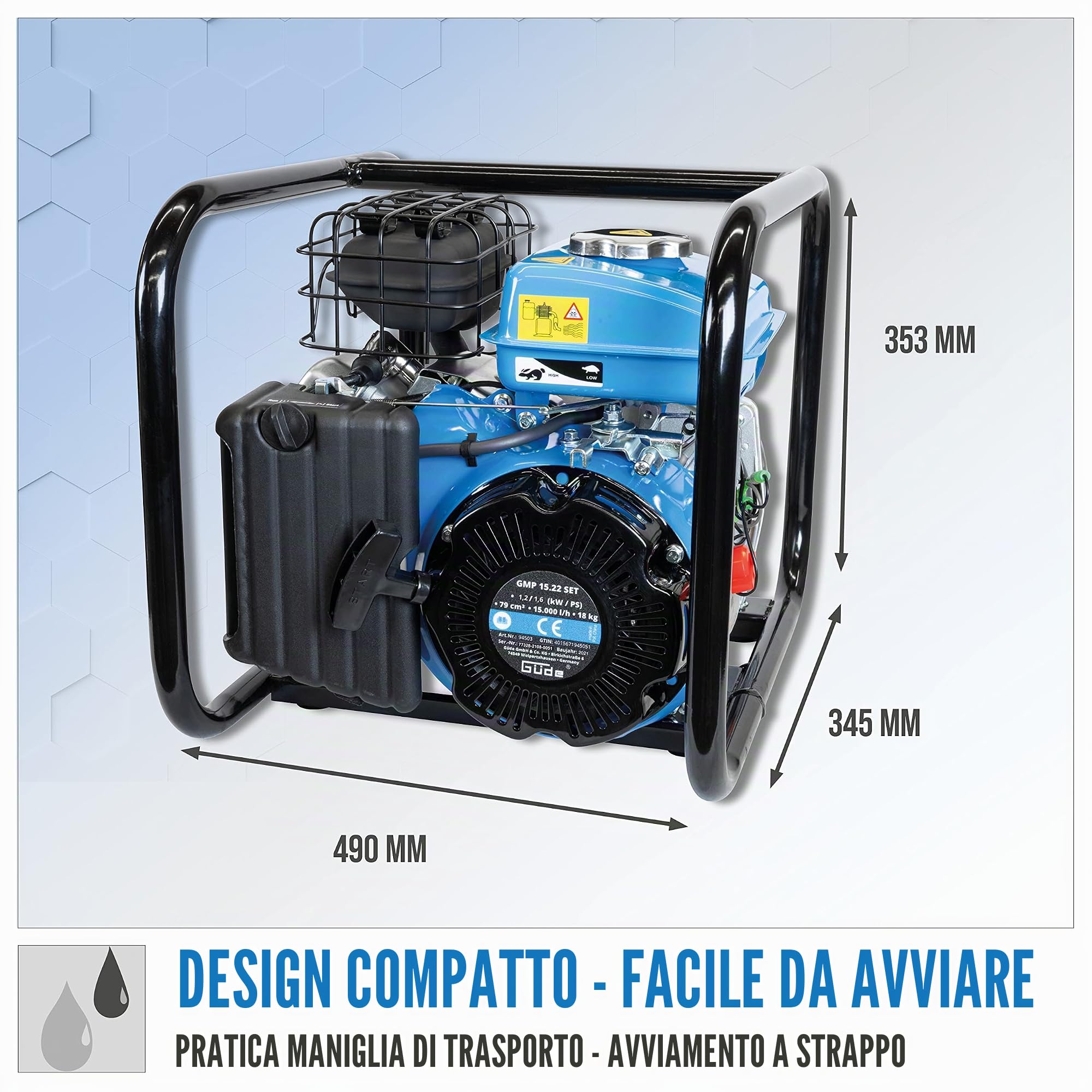 Güde 94503 - Set pompa motore GMP 15.22 (motore a 4 tempi, volume: 15.000 l/h, altezza massima di mandata: 22 m, pompa motore a benzina), blu, nero