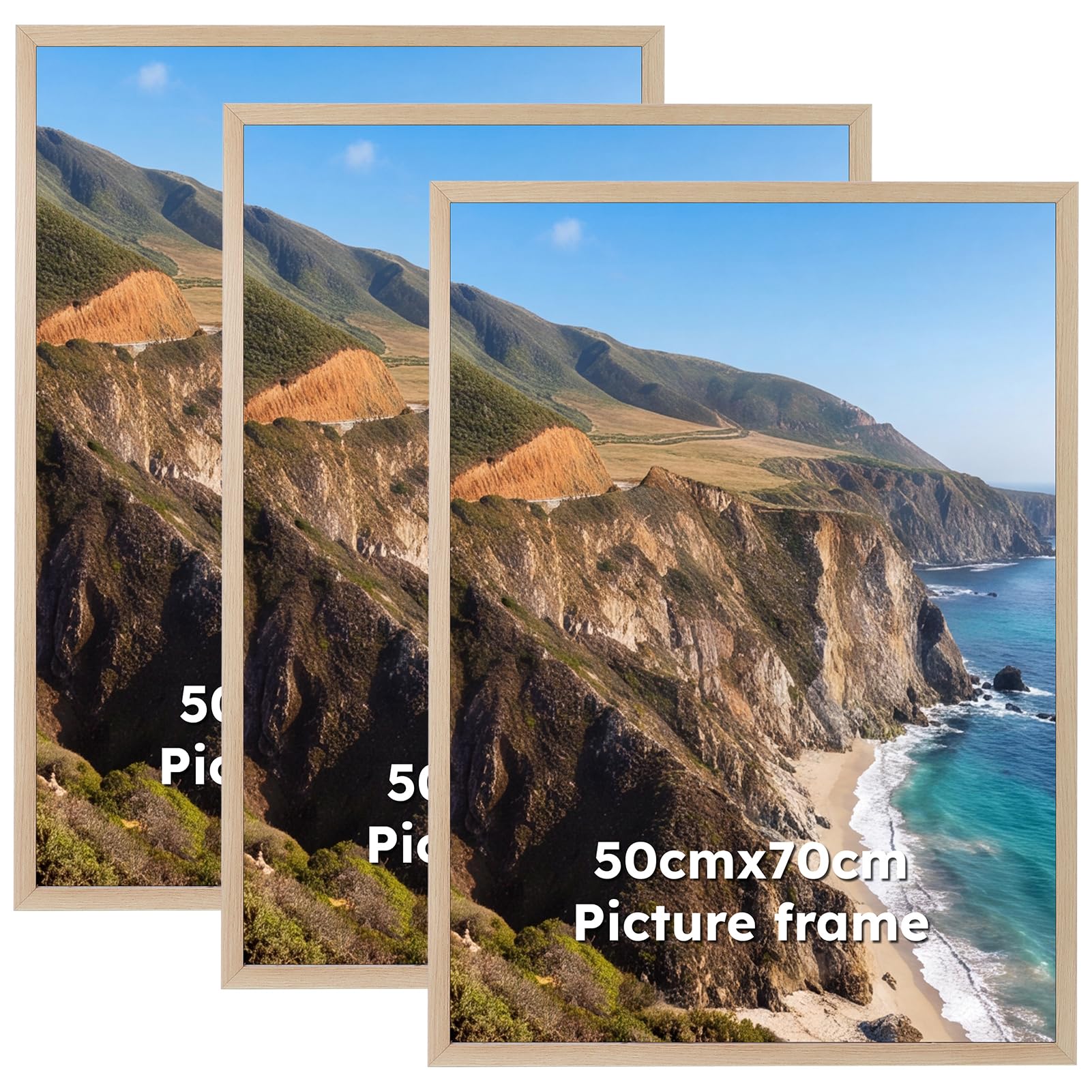 Hoikwo 50x70cm Frame Pack of 3, Oak Colour Aluminum Picture Frames 50cm x 70cm, Horizontal or Vertical Wall-Mount Design for Photos, Puzzles, Artwork, and Posters