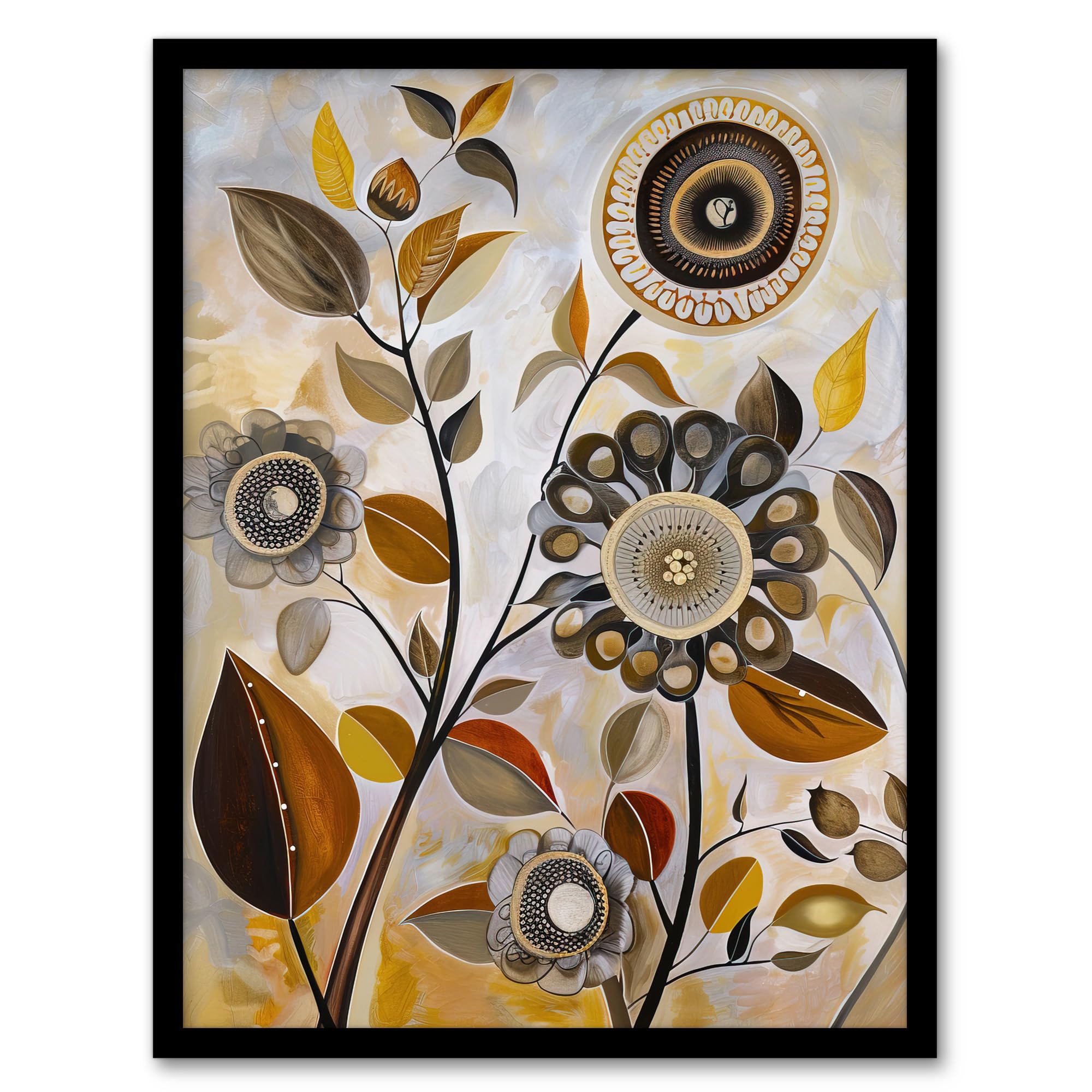 Artery8 Autumn Folk Art Abstract Wildflowers Painting Living Room Artwork Framed Wall Art Print A4