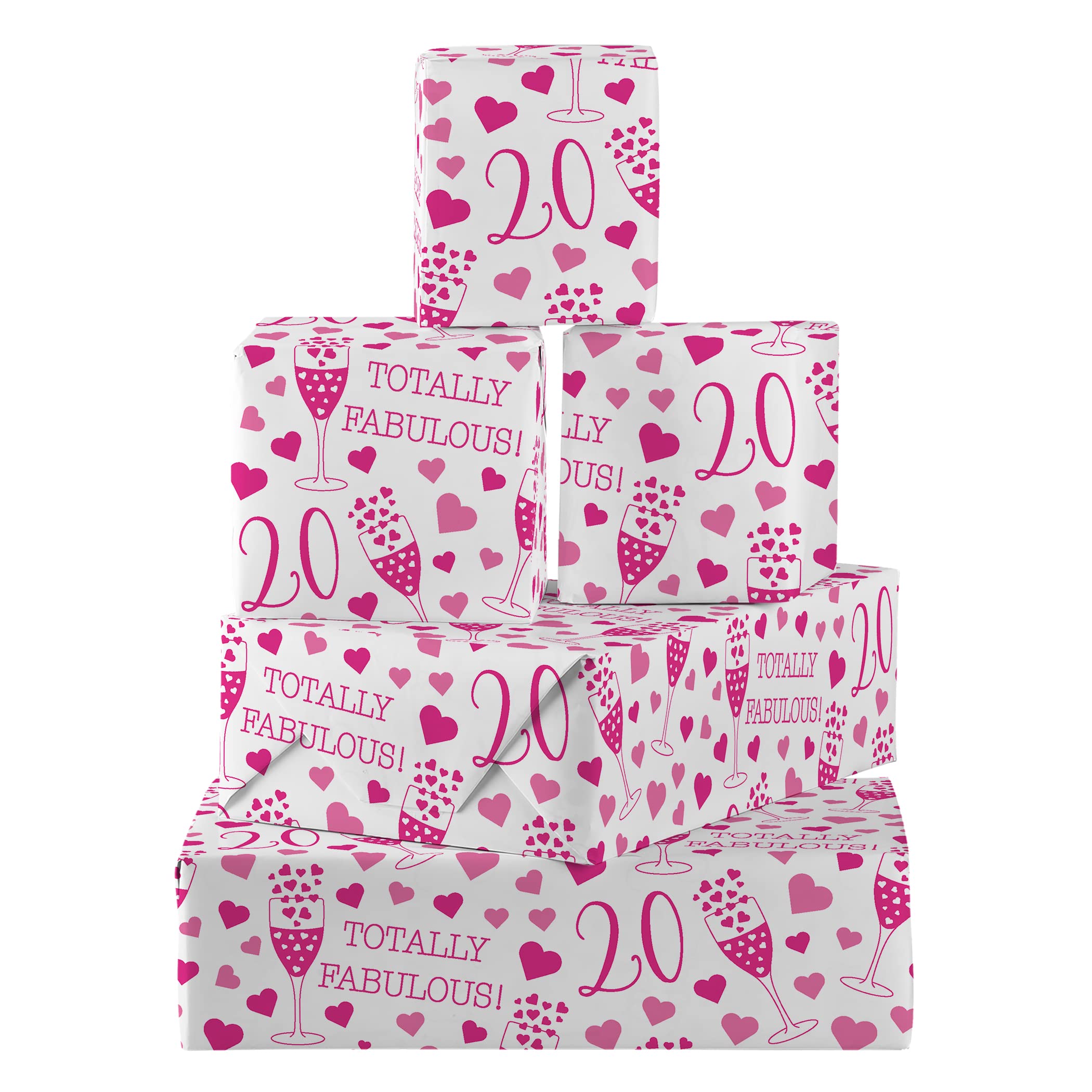 Hunts England - 5 Sheets Of 20th Birthday Fabulous Fun Wrapping Paper For Her - Includes 5 Gift Tags - Age 20 Female Folded Gift Wrap - Still Totally Fabulous Collection - Age Twenty Gift Wrap
