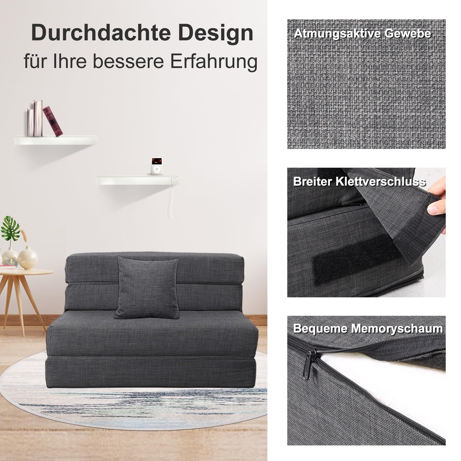 ANONER moderno Divano Pieghevole Futon con Cotone di Memoria e Cuscino, Poltrona Lavabile Set, Divano Letto per Ospiti, Grigio Scuro