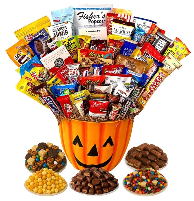 Halloween Pumpkin Gift Basket Assorted Candy Chocolates Cookies Snacks