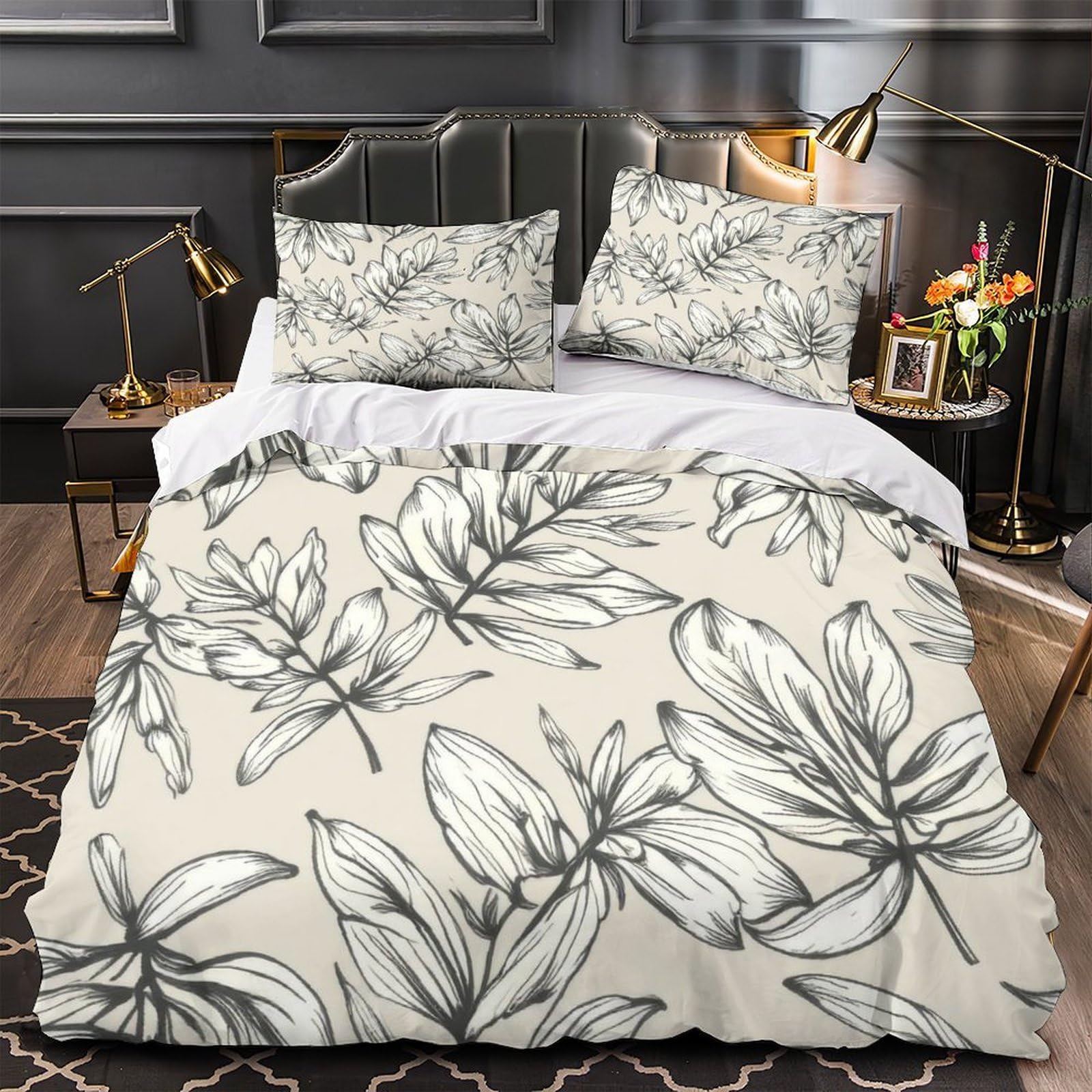 Housse de couette 200x200 motif feuilles 3D en microfibre avec 2 taies d'oreiller