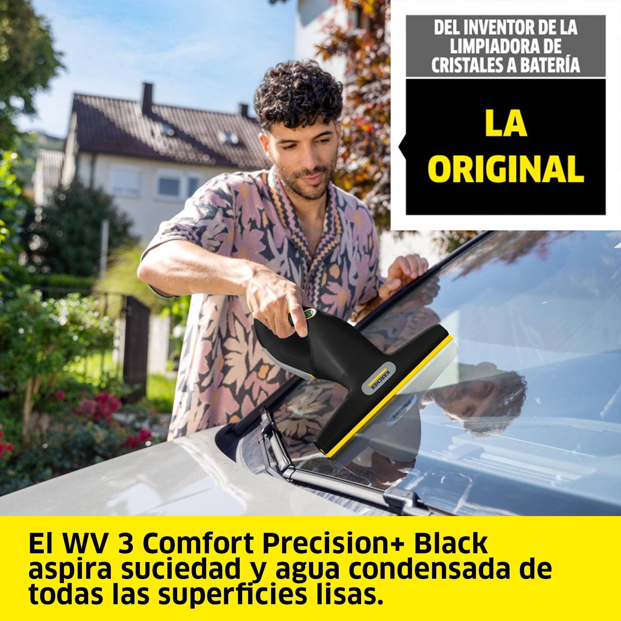 KÄRCHER limpiadora de cristales con batería WV 3 Comfort Precision+ Black, autonomía: 35 min, depósito XXL: 200 ml, 2 boquillas, botella pulverizadora, gancho para ducha, limpiacristales (500 ml)