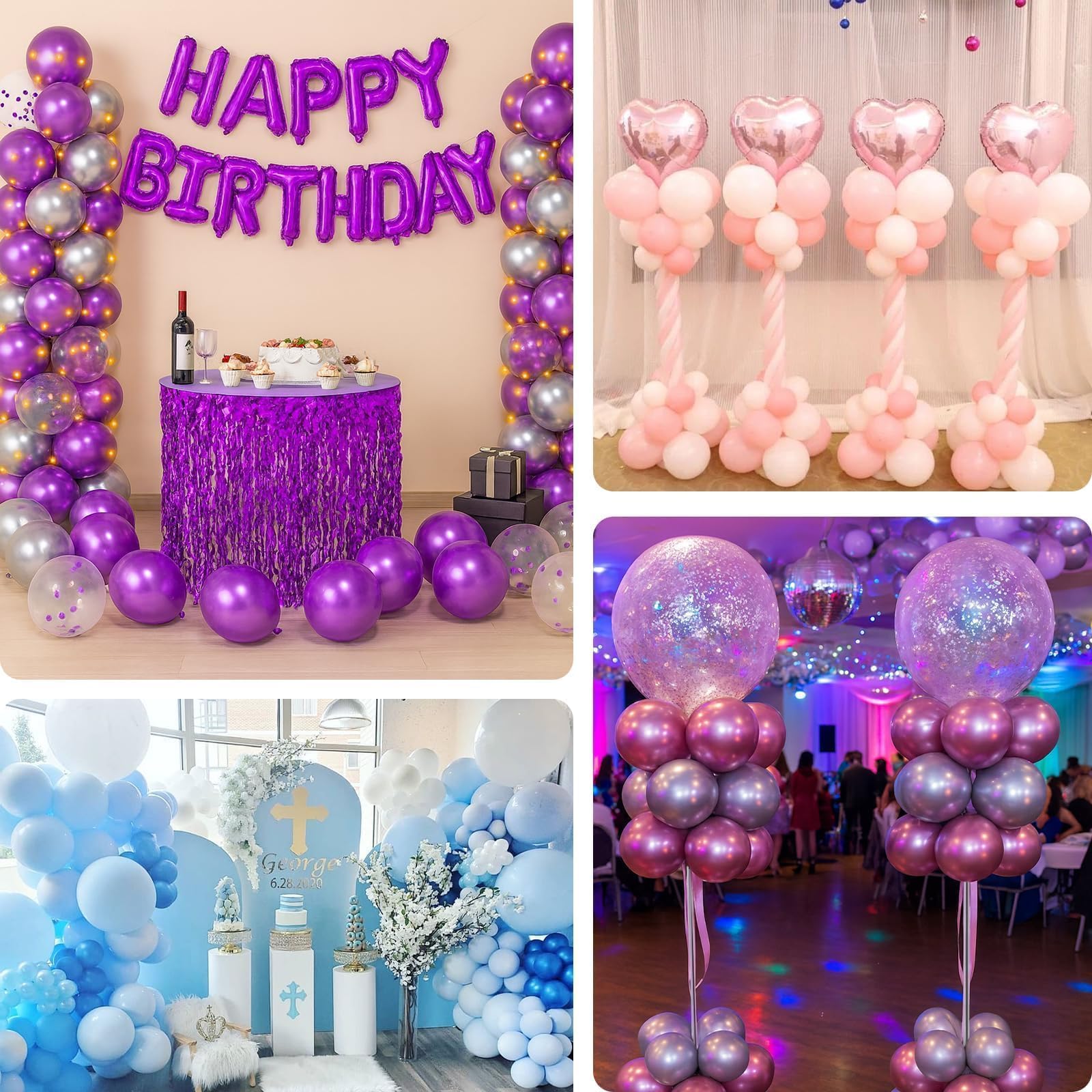Kit di 4 supporti per palloncini a colonna telescopica regolabile da 2 m, in metallo, con basi a pavimento e kit arco riutilizzabile per compleanni, matrimoni, baby shower, lauree, feste di Halloween