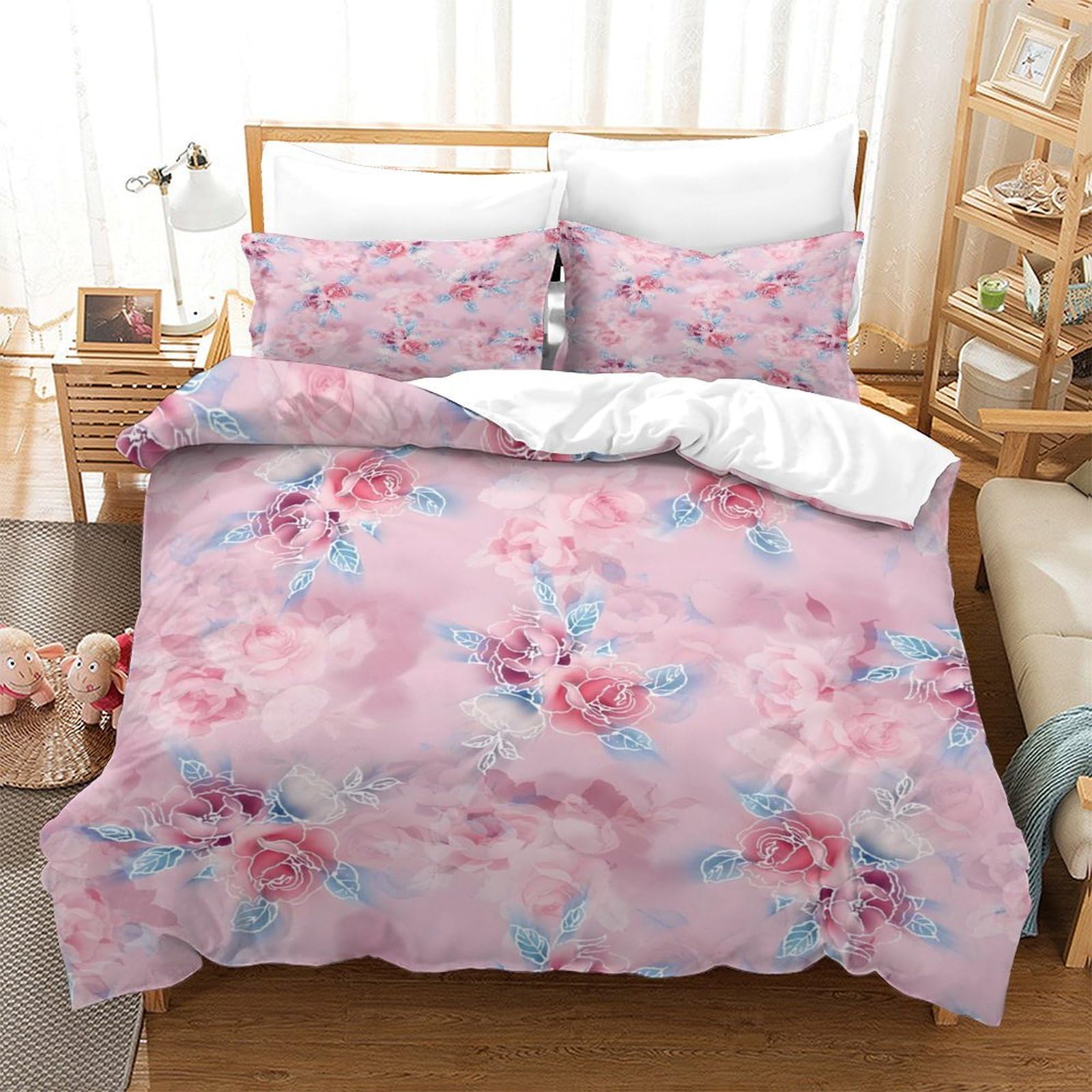 GDEKCIEAS Romantic Pink Flowers Teens Bedding Set,3 Pieces Duvet Cover And Comforter Cover,Breathable And Soft Quilt Cover for Boys And Girls Single（140x200cm）