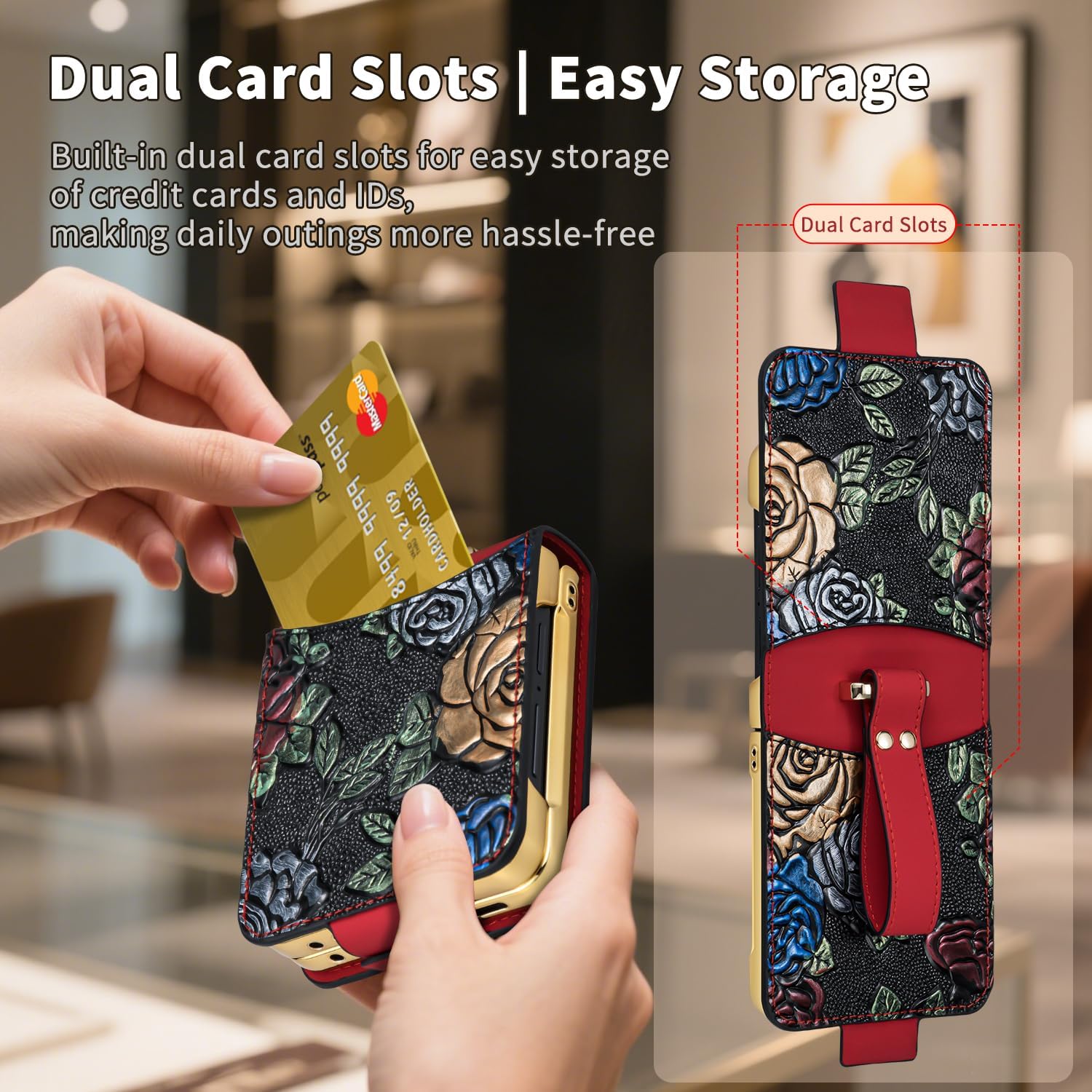 MistWorld for Samsung Galaxy Z Flip 7 Case Dual-Sided Card Holder & Leather Flower Embossed & Hinge & Built-in Screen Protector,Lanyard,Flip case Designed specifically for Women (Red, Z Flip7)