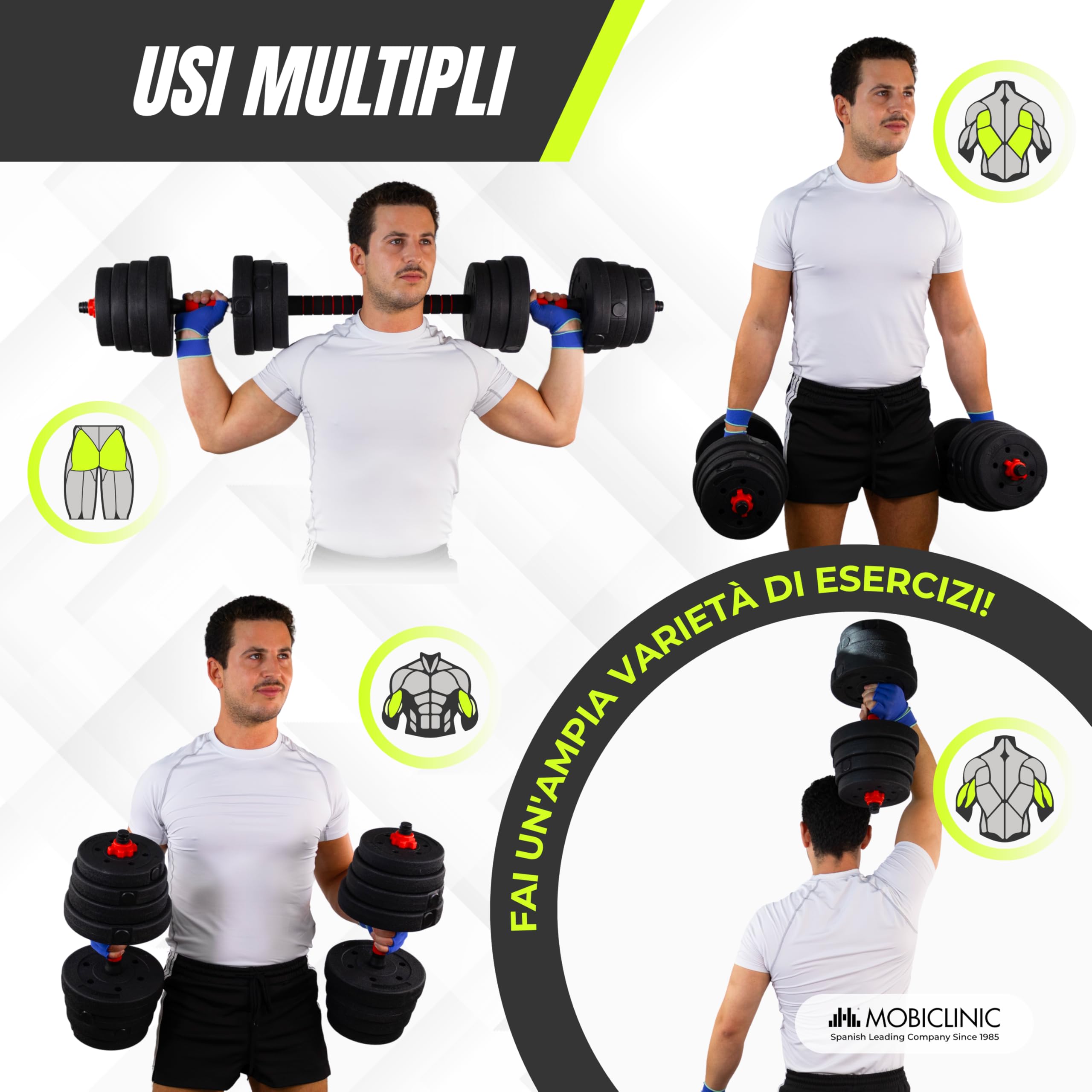 Mobiclinic®, Manubri regolabili 30 kg, 2 in 1, Set di Pesi, Manubri, Barra di Collegamento, Portatile, Impugnatura Antiscivolo, Maxifit, Palestra Domestica, Fitness