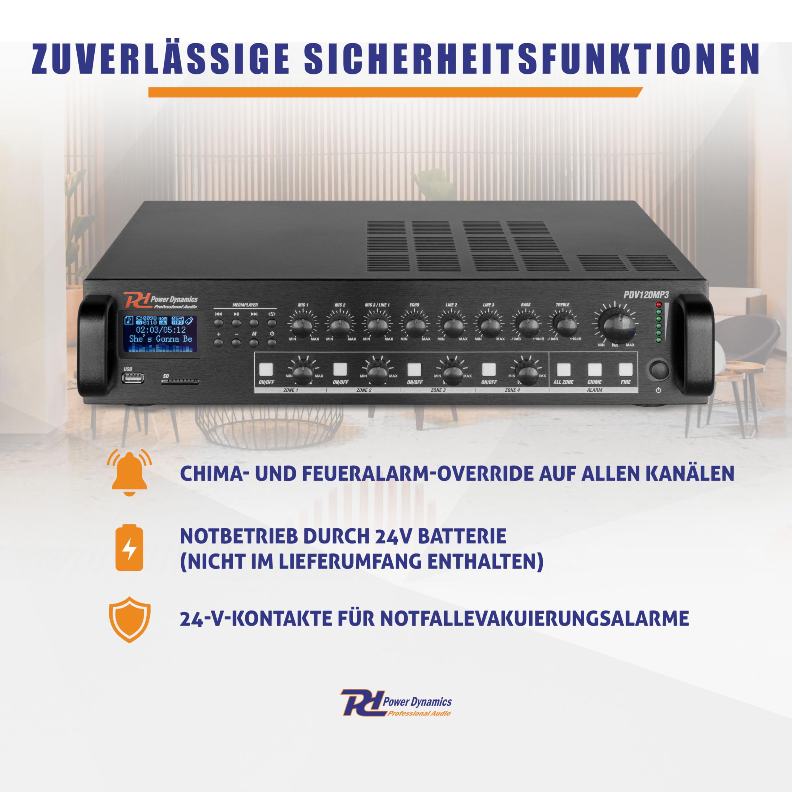 Power Dynamics PDV120MP3-4 Zonen Receiver 120 Watt, PA Verstärker mit Bluetooth, MP3, USB, SD & UKW Radio, 3x Mikrofon Anschluss, Karaoke, 3x Audio Eingang, 100 Volt System - Schwarz