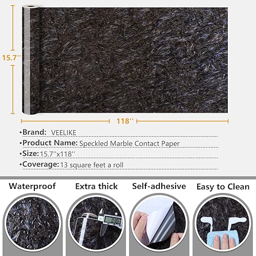 Miniatura 8 de VEELIKE Papel de contacto de mármol marrón para encimeras, papel tapiz de mármol marrón brillante, impermeable, para despegar y pegar, encimeras