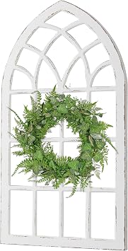 Sintosin Large Farmhouse Arched Window Frame Wall Decor 44 X 24 Inch, Hanging Distressed White Window Pane Wall Decor Living Room, Rustic Wooden Faux Windows for Bedroom Fireplace Entryway
