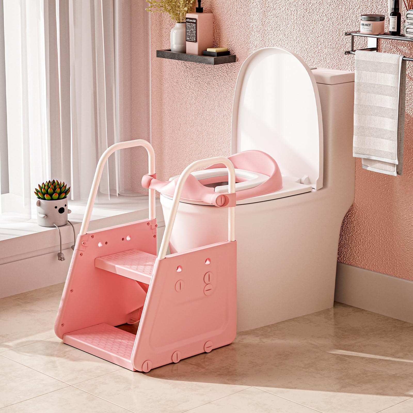 3 in 1 Potty Training Toilet Seat & Toddler Step Stool with Potty Train Chair Adapter and Extra Wide Non-Slip Ladder Potty Seats with Raised Guardrail