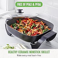 Vista 2 de GreenLife - Sartén eléctrica cuadrada de 12" 5QT, tapa de vidrio con ventilación, interior antiadherente de cerámica libre de PFAS, control