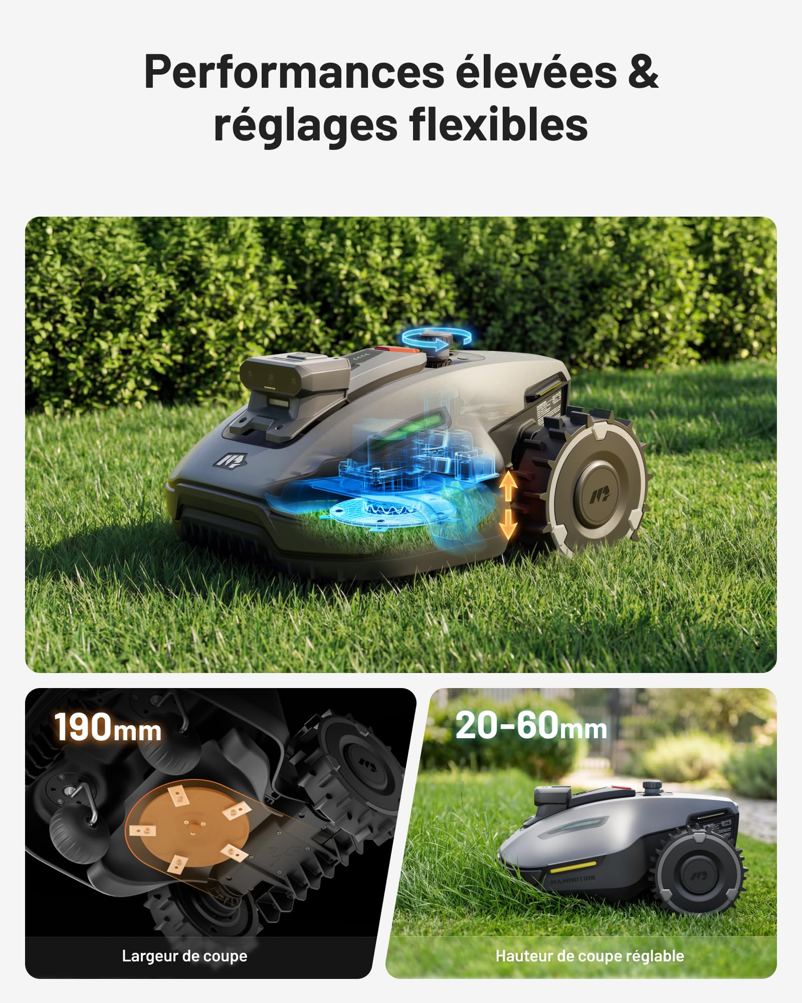 MAMMOTION YUKA Mini 2 500 Robot Tondeuse avec Garage Standard, jusqu'à 500m², Zéro Perte de Signal, sans RTK, AI Traitement d’Image à Trois Caméras, DropMow (expédié séparément)
