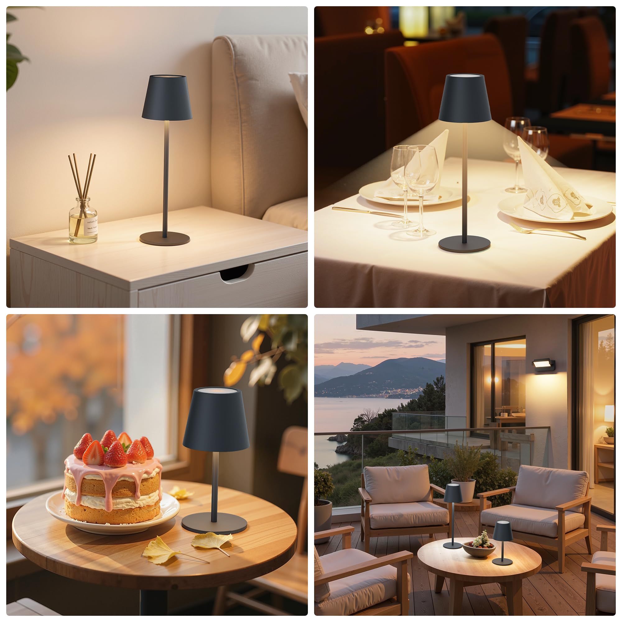 Aipsun Lampada da tavolo LED senza fili con touch Antracite 23/36,5cm, ricaricabile 5000mAh (5V 2A), 3W 2700/4000/6000K dimmerabile, Ferro, IP44 Interno/Esterno per camera da letto, ufficio (2 pezzi)