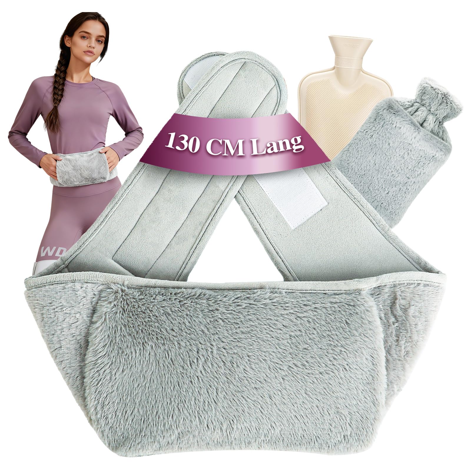 Cintura termica con bottiglia d’acqua calda 1 L, extra-lunga 130 cm, copertina morbida rimovibile, fascia riscaldante per pancia, vita e collo, gomma naturale certificata BS 1970:2012
