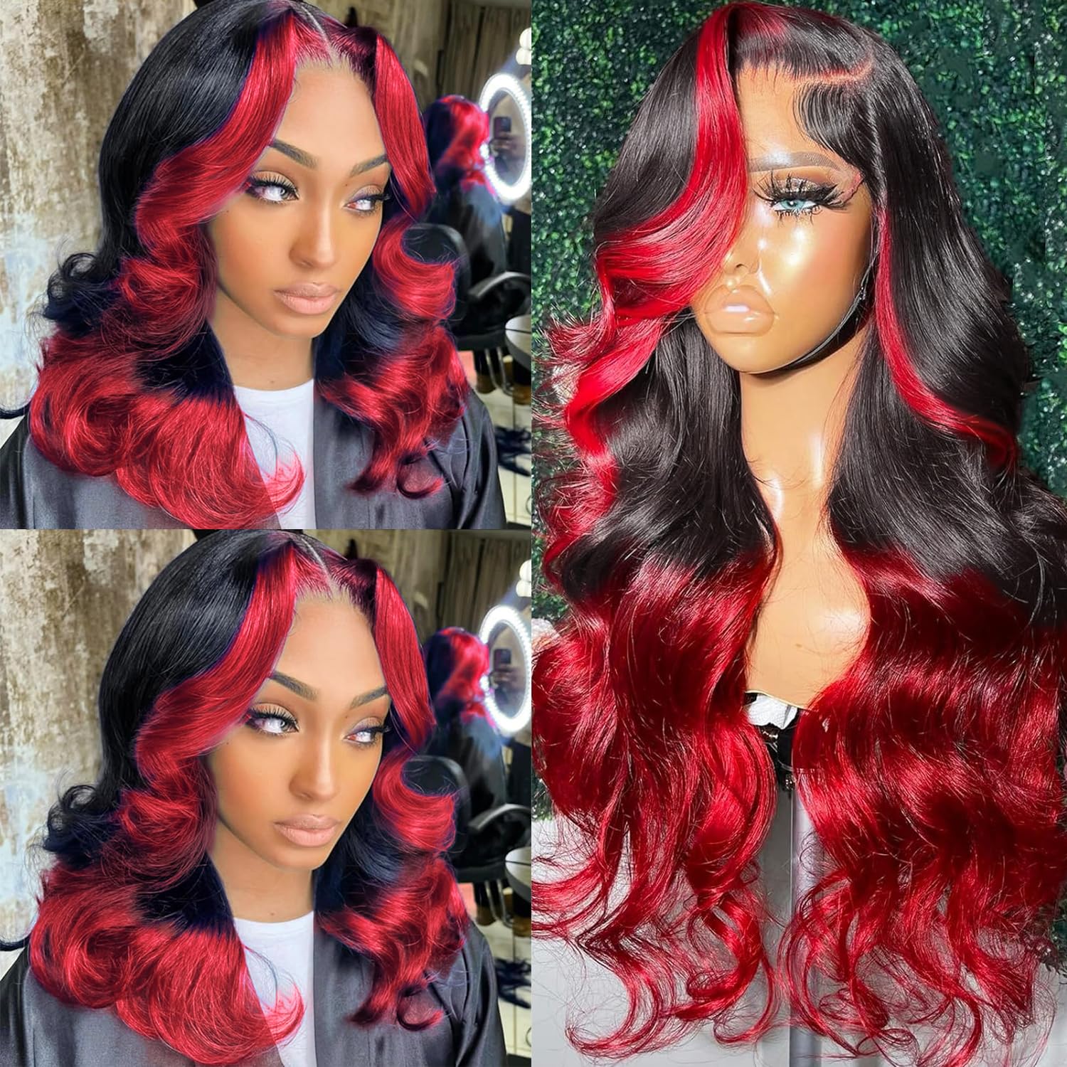 24” RED & BLACK SPLIT DYE BODY WAVY LACE FRONT WIG Amazon.com : Goldfinch Highlight Red Lace Front Wig Human  main image 2
