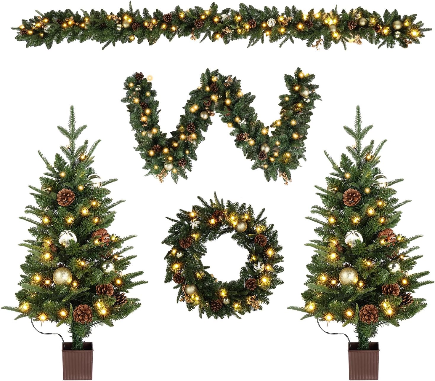 VINGLI Pre-lit 5-Piece Set Christmas Tree with LED Lights, Christmas Garlands, Wreath and Set of 2 Entrance Trees Artificial Christmas Porch Decorations, Gold