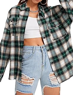Lumister Womens' Oversized Flannel Plaid Shirt Long Sleeve Drop Shoulder Lapel Button Down Shirt Blouse Tops