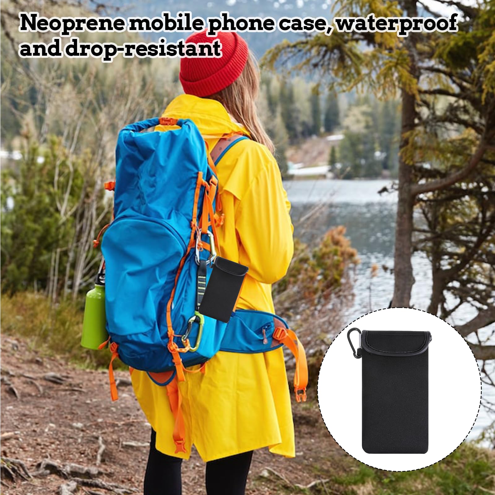 Neopren Handy Tasche mit Umhängeband und Karabiner Universelle Handytasche 7 Zoll Lang (Schwarz)