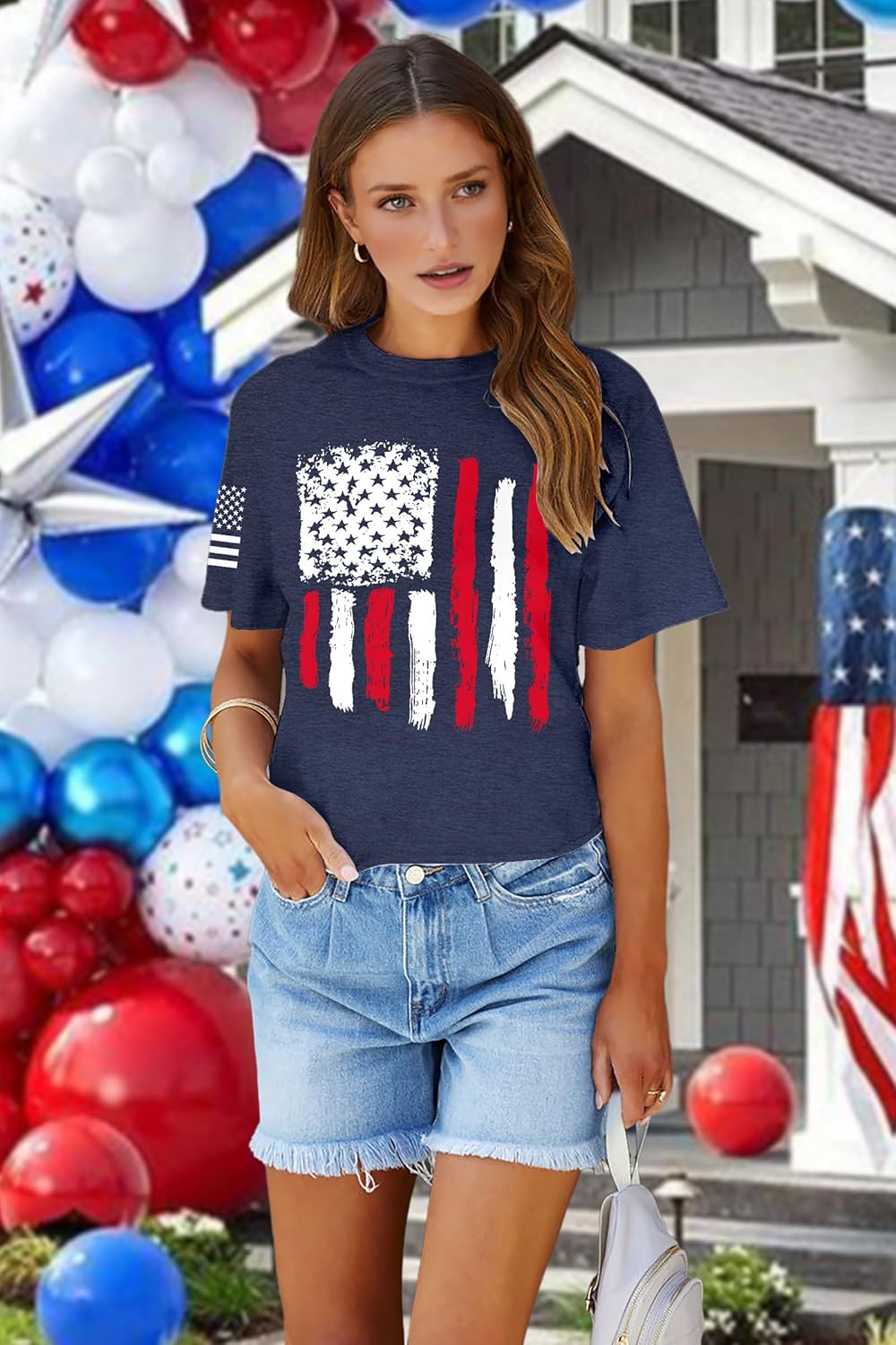 American Flag Shirt Women 4th of July T-Shirt Patriotic Shirt Independence Day Stars Short Sleeve Tops - Image 4