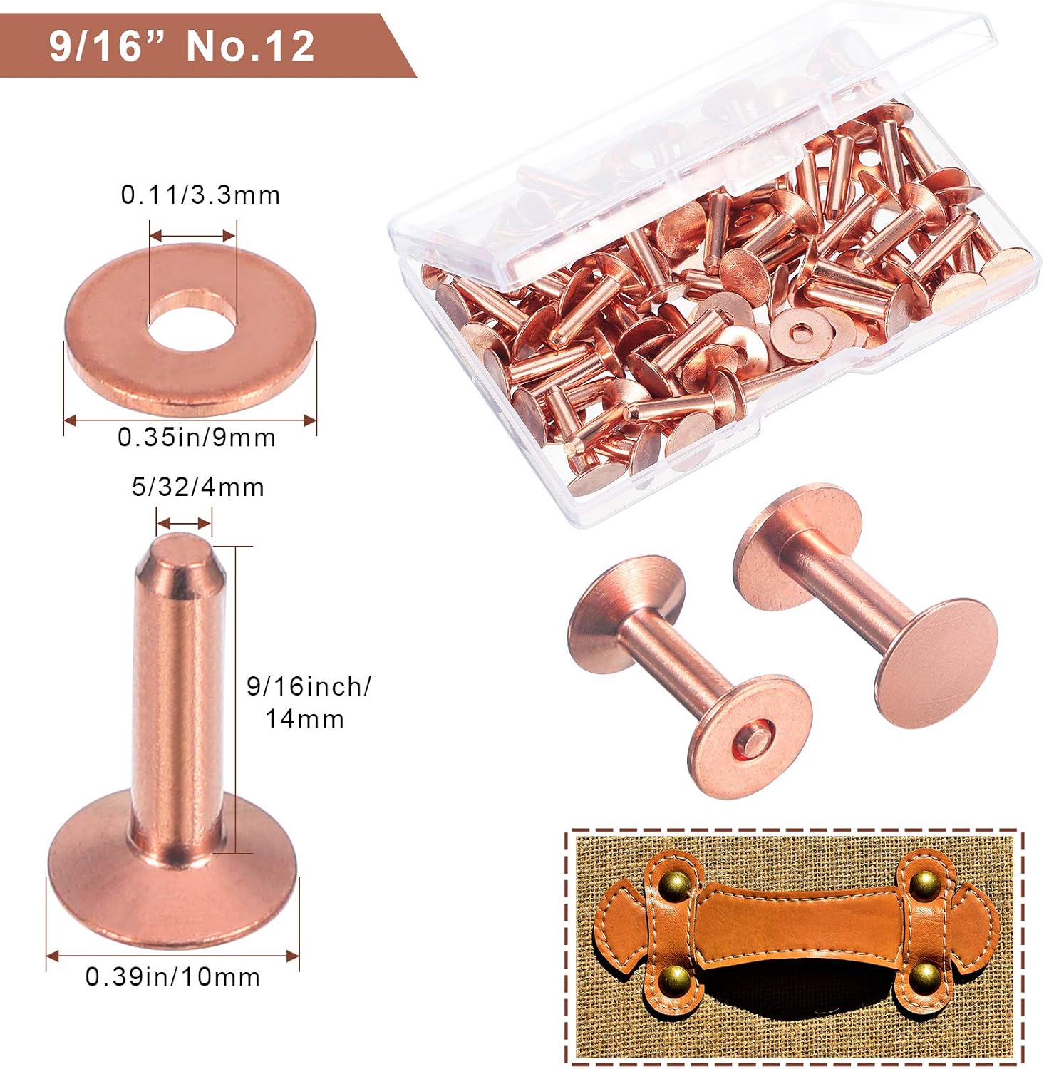 50 Sets Copper Rivets and Burrs, Copper Rivets for Leather Pure Copper Rivet Setting Tool for Belts Wallets Collars Leather DIY Craft Supplies (9/16 Inch, Size 12)