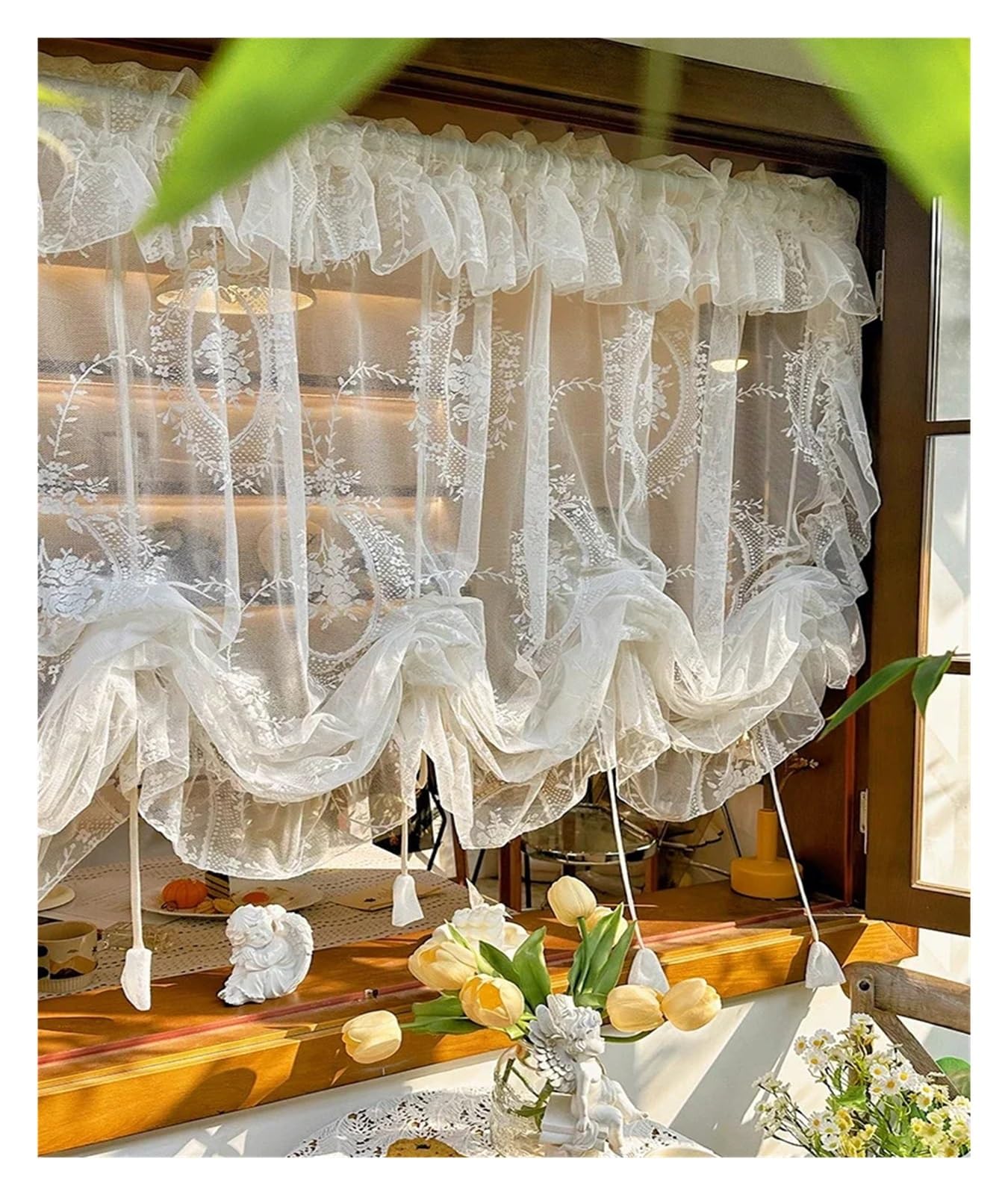 DFGRGRV Ruffle Curtains Romantic Ruffle Roman Drawstring Curtains Kitchen Partition Half Curtain Lace Water Wave Decor Custom Tulle(W1.5xH1.6M)