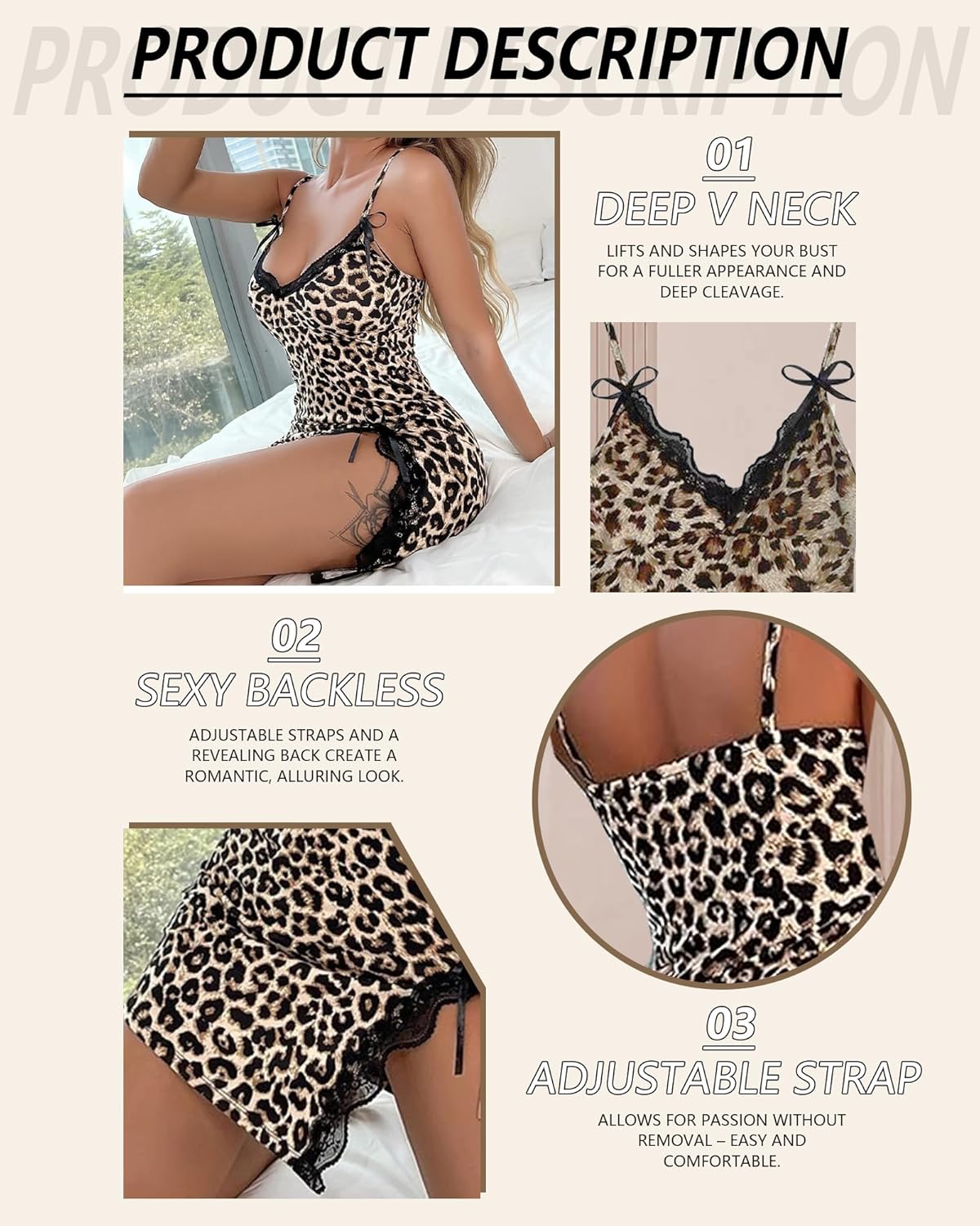 Cheetah Print Nightgown Leopard Print Lingerie - Chemise Side Slit Nightie Babydoll Womens Sexy Lingerie - Image 2
