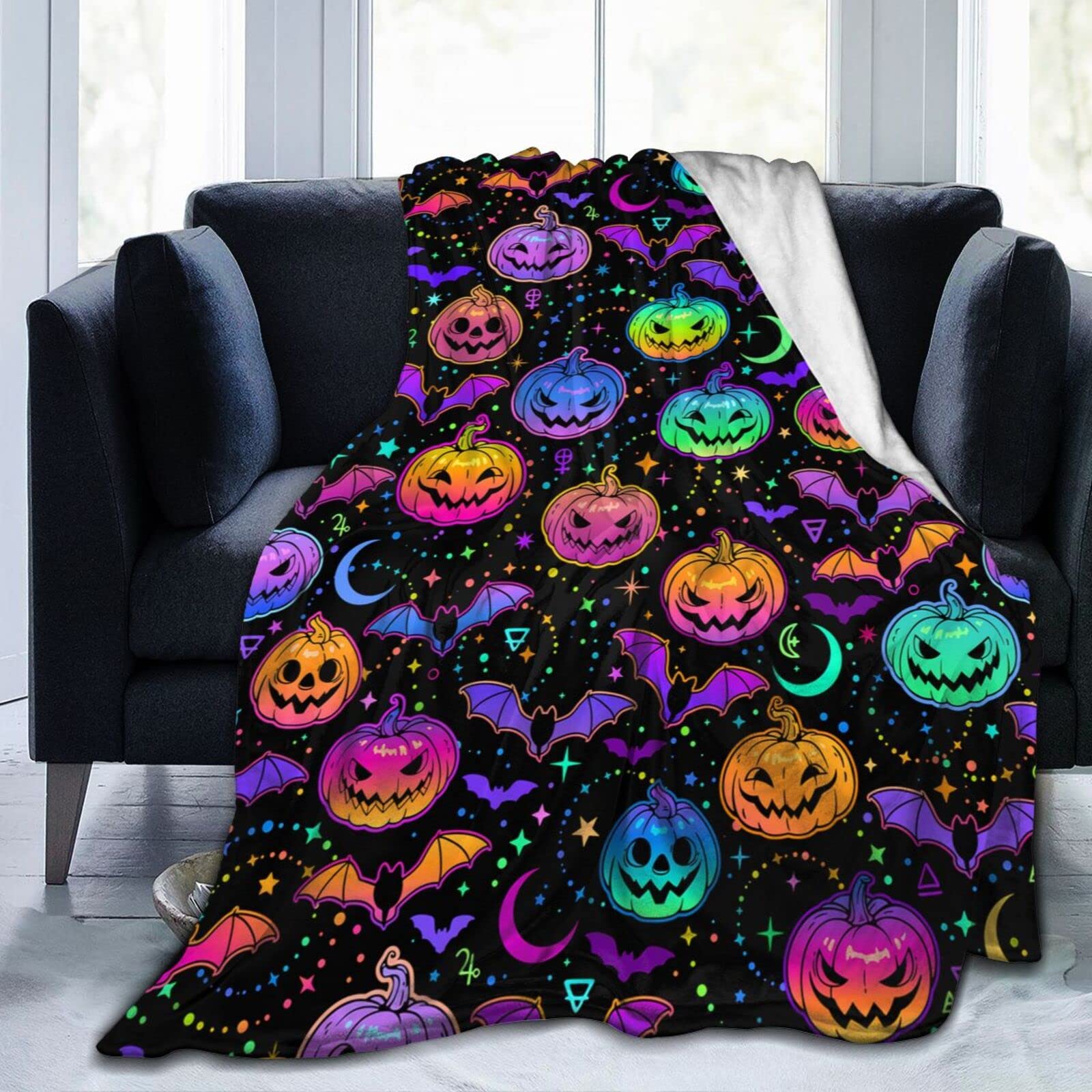 Lsjuee Bright Halloween Pumpkins and Bats Throw Blanket Warm Cozy Blankets Lightweight Soft Cozy Flannel Funny Halloween Blanket for Sofa Couch Bed Home Decoration 80"X60"
